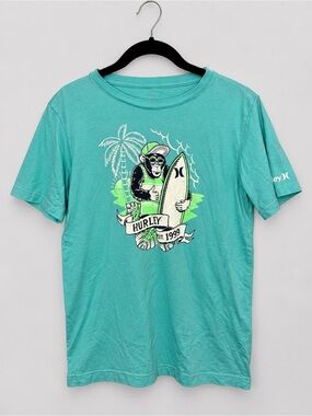Hurley Boys XL 13/15 Turquoise Surf Monkey Graphic T-Shirt Short Sleeve